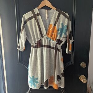 Renee C Mini Dress V Neck Retro Floral Print Stripe Gray Babydoll Women's‎ Sz M